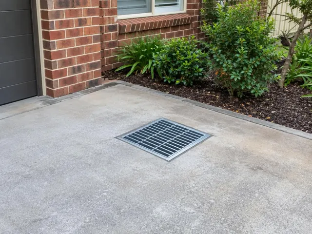 Flush stormwater grate in a concrete driveway beside a brick house and garden in Lidcombe