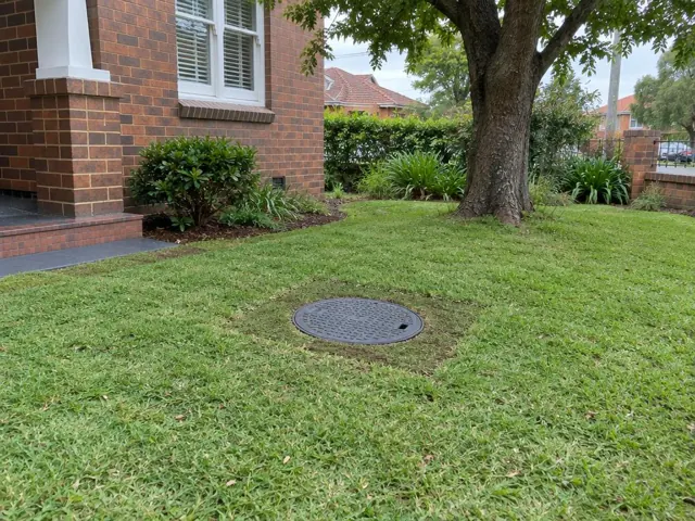 Flush round sewer inspection cover in a grassy front yard beside a brick house in Granville